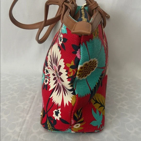 Spartina 449 Vibrant Red Floral Brown Leather Accents/Trim Tote Bag Purse 🌺🌺 - Picture 4 of 14